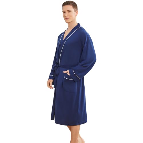 Mens Lightweight Robe, Knit Kimono Bathrobe Spa Sleepwear Soft Knee Length Robe With Pockets2