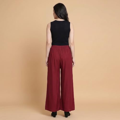 Image of FASHION GALLERY Women's Solid Rayon Palazzo Pants | Relaxed Fit Full Length Wide Leg Palazzo | Elastic Waist Comfortable Casual Lounge Office Ethnic Flared Trousers for Women