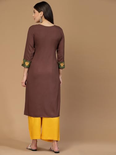 Image of QAZMI Women's Noura Kashmiri Aari Embroidered Viscose Rayon 3 /4 Cuff Sleeves A-Line Kurta