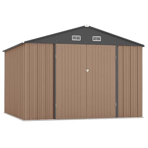 10x8 FT Metal Outdoor Storage Shed, Zstar Steel Utility Tool Shed Storage House with Lockable Door Design, Metal Sheds Outdoor Storage for Garden, Patio, Backyard, Outside Use, Brown