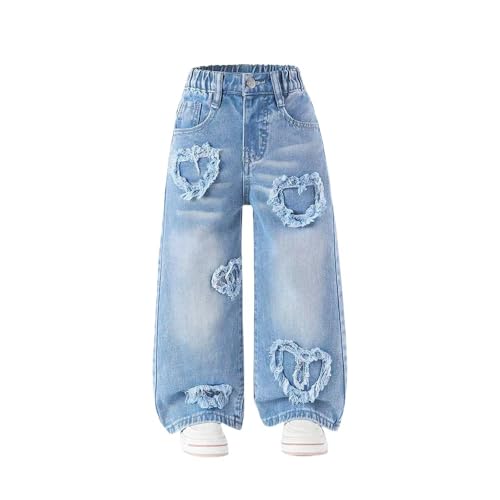 Tween Girls Baggy Jeans - Zipper Elastic Waist Heart Patch Wide Leg Denim Pants for Girls with Five Pockets