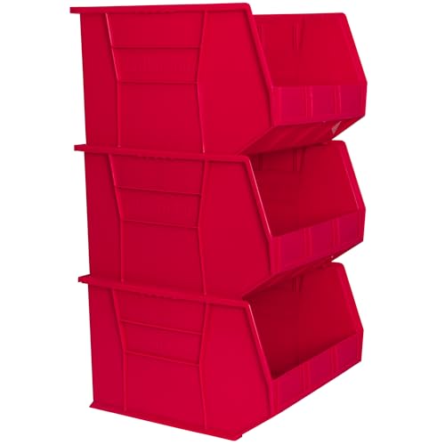 Image of Akro-Mils 30270 AkroBins Plastic Storage Bins, Space-Saving Stackable Bins for Garage, Pantry, Craft Organization, 18 inch x 16 inch x 11 inch, Red, 3-Pack