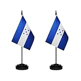 Honduras Honduran Deluxe Desk Flag Set Small Mini Miniature Honduras Honduran Table Desktop Flags With Solid Pole, Black Base and Spear Top (2 Pack)