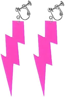80S Neon Earrings Exaggerate Punk Lightning Bolt Clip on Earrings Halloween 1980s Party Non Pierced Clip Earrings for Women Girls (rose red)