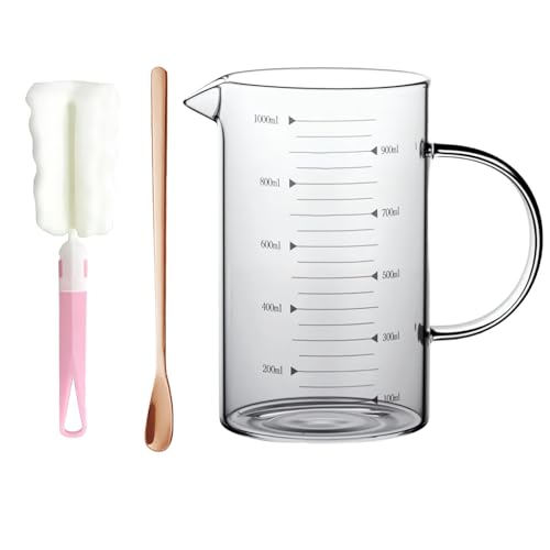 1000ml Glass Measuring Jug, High Borosilicate Glass Measuring Cup with 3 Scales, Measuring Cup with Stainless Steel Mixing Spoon and Cleaning Brush
