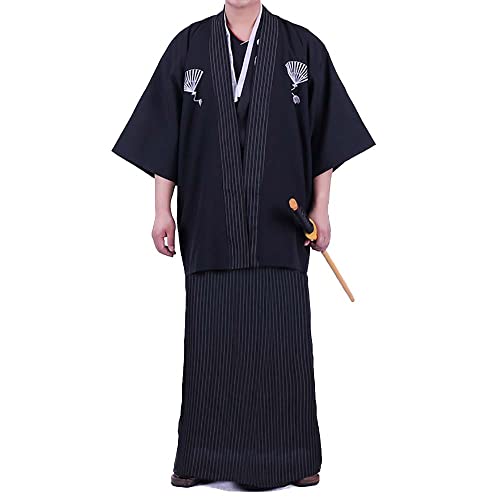 Men's Japanese Traditional Kimono Robe Wide Sleeve Spa House Bathrobe Yukata Sleepwear Nightgown with Obi Belt Set