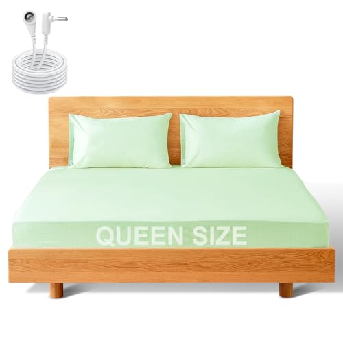 Grounding Sheets Queen, 90% Viscose Derived from Bamboo & 10% Silver Fiber Grounded Bed Sheets, 15inch Deep Pocket Grounding Fitted Cooling Sheets with Tester &Cord - Green, 60"x80"x15"