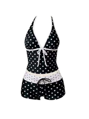 Y2k Vintage 2 Pieces Bikini Set Coquette Halter Tankini Top with Shorts Whimsy Polka Dot Beach Swimsuit Vacation Outfit (Black Small)