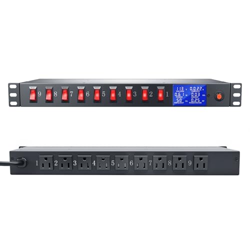 9 Outlet Rack Mount Power Strip with Individual Switches, PDU Surge Protector 15A 125V 1875W, 1U Server Rack Power Distribution Unit with Overload Protection and Power Monitoring, 6.5FT Cord