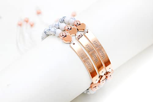 3 Pieces Customized Name Id Bracelets For Women Girls Best Friend, White Turquoise Stone Bracelets For Women Personalized Name With Rose Gold Plated Stainless Steel Engraving Plate Y1451, Adjustable #TOP4
