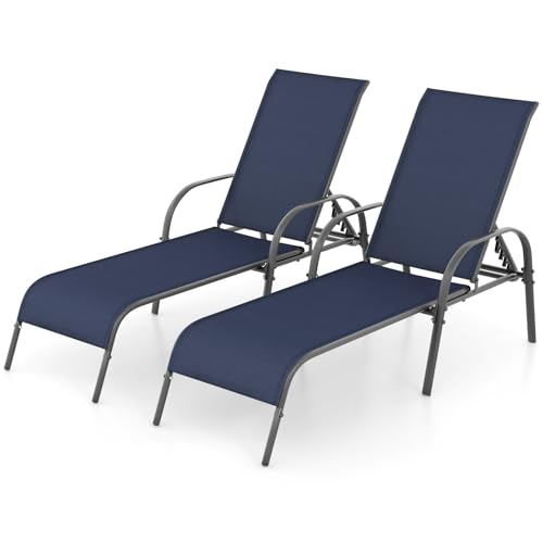 Image of Giantex 2 Pack Patio Lounge Chair, Outdoor Chaise Lounge with 5 Adjustable Backrest, Sturdy Steel Frame, Sunbathing Recliner, Beach Chair, Tanning Chair for Outside, Yard, Balcony, Pool Chairs, Navy