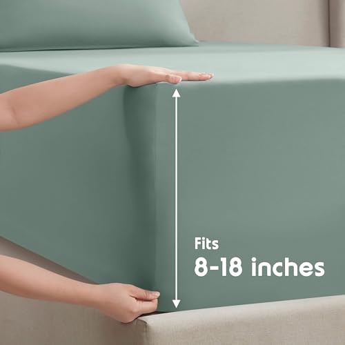 Image of Nestl Queen Bed Sheet Set - Sage Green - 4-Piece Deep Pocket | Instantly Soft, Night-One Ready (No Wash Required). Fits 16-Inch Deep Pockets, 360-Degree Elastic Grip