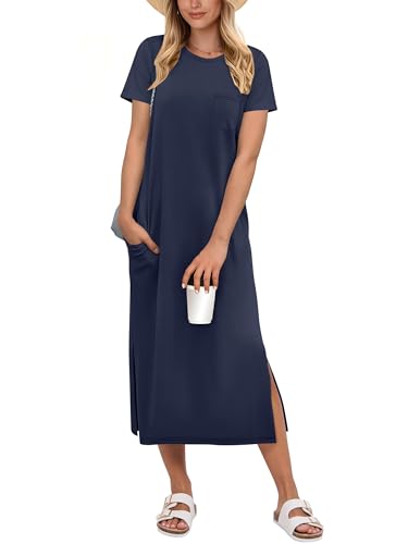 Image of ANRABESS Womens Midi Dress,Summer Long Tshirts Dresses,Short Sleeve Split Stripe,Comfy Travel Beach Vacation Casual Wear