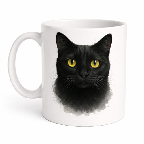 Brew Crew Gifts Black Cat Watercolour Mug, White Ceramic, 11 oz, Dishwasher Safe, Microwave Safe, Yellow Eyes Design, Double-Sided Print