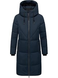 Navahoo Damen Langer Wintermantel warmer Steppmantel mit großer Kapuze und Fleece-gefütterten Kragen Kältekuschel XIV Navy Gr. XXL