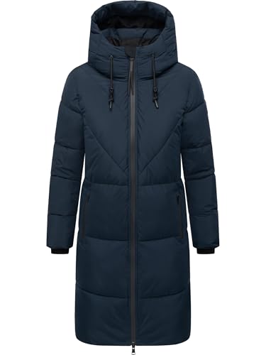 Navahoo Damen Langer Wintermantel warmer Steppmantel mit großer Kapuze und Fleece-gefütterten Kragen Kältekuschel XIV Navy Gr. M