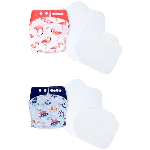 Image of Ambaby Cloth Diapers Combo Pack Quick Dry Comfort Gots Certified Free Size Button Adjustable, Washable, Reusable, Multilayered Cotton Pads And Boosters, Birds And Sea Sailor Printed - Pack Of 2