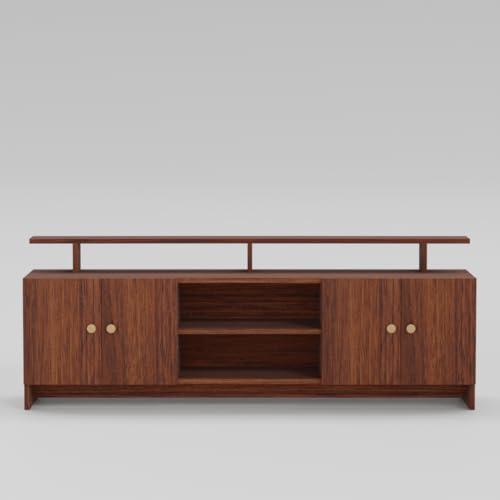 Image of Modern TV Unit for Living Room | Wooden TV Cabinet with Open Shelf & Storage | Entertainment Unit | Assembly-DIY | Color-Cherry Pine