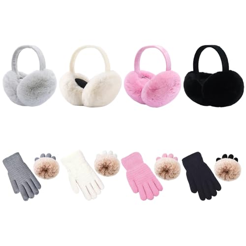 8 Pcs Kids Winter Earmuffs Kid Magic Gloves Set, Plush Earmuffs and Gloves for Toddler Baby Girls 5-12 Years Old Winter Ear Warmer Set (Black+White+Gray+Pink)