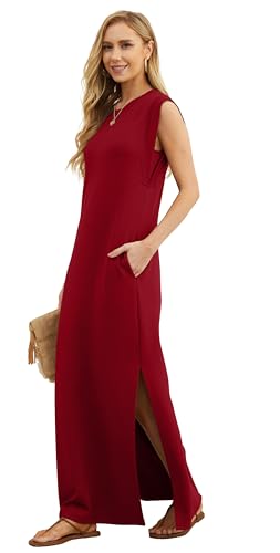 Image of GRECERELLE 2026 Women Year-Round Casual Round Neck Loose Split Wrinkle-Free Long Maxi Vacation Dress with Pockets (XXS-4XL)