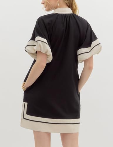 Esmeling Women's Color Block Pullover Dress V-Neck Puff Sleeve Mini Dress with Pockets2