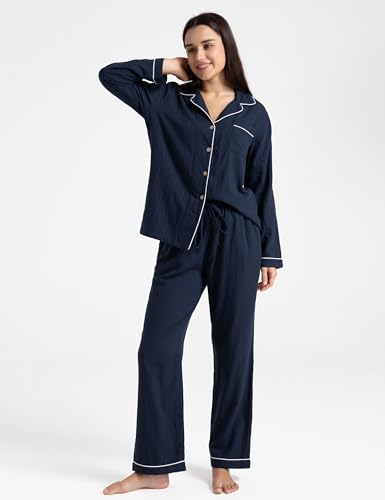 Image of Womens Muslin Pajama Set 100% Cotton Double Gauze Linen Like | Breathable Soft Comfort Button Up Loungewear Sleepwear PJ Set