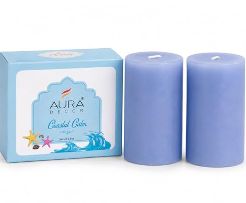 Image of AuraDecor Scented Pillar Candles Set of 2 | 25 Hours Burn Time | Essential Oil | Smokeless & Long Clear Burn | Paraffin Wax | Aromatherapy Candles for Home Decor, Relaxation & Gifting (Coastal Calm)