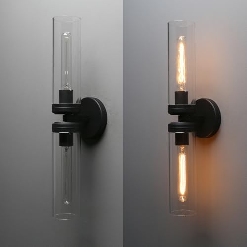 Image of Pathson 2 Lights Cylinder Glass Wall Sconce, Hardwired Wall Vanity Lights with Double Tube Glass, Vintage Aluminum Wall Lamp Decor for Living Room Bedroom (Black 1-Pack)