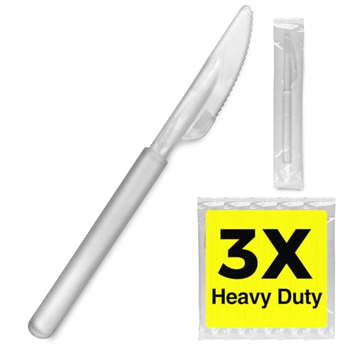 3X Heavy Duty Plastic Clear Knives Disposable Individually Wrapped Sturdy Like Silverware 100 Pack Plastic Steak Knives Bulk Packaged Utensils Perfect for Event Catering Restaurant and Take Out.