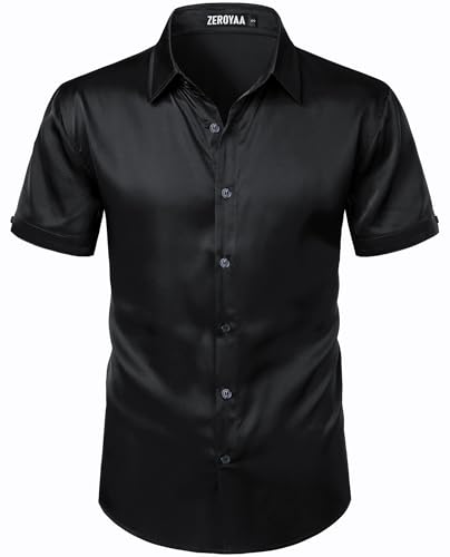 ZEROYAA Men's Hipster Shiny Silk Satin Shirt Regular Fit Short Sleeve Casual Button Down Dress Shirts for Summer Party