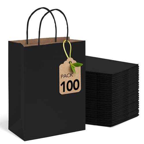 MESHA 100 Pack Black Gift Bags 8x4.25x10.5 Inch Kraft Paper Bags with Handles Bulk Craft Bag Medium Size for Wending Birthday Party Favor Retail Merchandise Bag