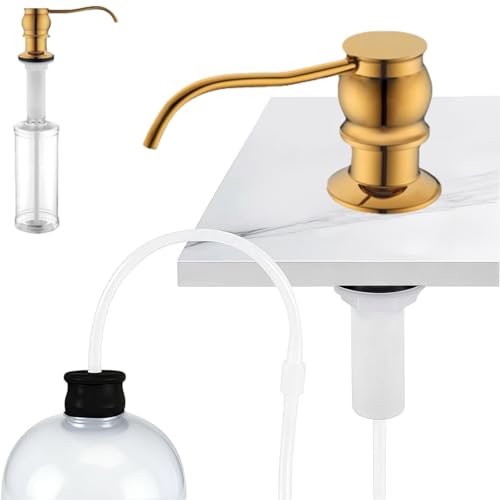 Built in Deck Mount Liquid Lotion Kitchen Countertop Metal Soap Dispenser, Gold Brass Dispenser Pump with 320ml Bottle