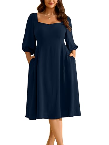 Image of RWJ Plus Size Dress for Women Fall 3 /4 Sleeve Sweetheart Neck Aline Casual Wedding Guest Formal Midi Dresses with Pockets