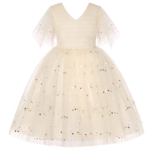 Bunny Lulu Knee-Length Girls Dress Sloping Bridesmaid Wedding Princess Children's Bow Birthday Ball Party Show Evening Lavender (7-8Years, Champagne) #TOP28