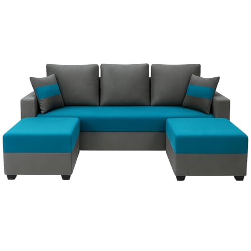 Image of Furny Aurland 3 Seater Fabric Sofa Set with 2 Ottomans (Aqua Blue-Dark Grey) | Soft Velvet Fabric | Modern Design | Comfortable Seating | Living Room Furniture