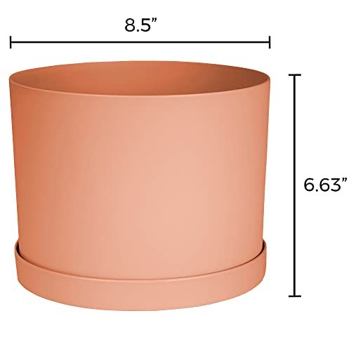 Bloem Mathers Round Planter With Saucer Tray: 8" - Muted Terra Cotta Color - Modern Design, Durable Plastic Pot, Removable Saucer, For Indoor & Outdoor Use, Gardening, 1.4 Gallon Capacity #TOP1