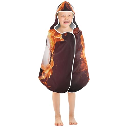Image of Soccer Sport Fire Hooded Beach Towel for Kids, Kids Bath Hooded Towels for Boys Girls, Super Soft Absorbent Bathrobe with Hood for Swin Pool 50 inchx23.5 inch