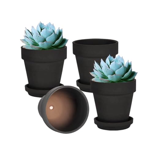 vensovo 15CM Black Terracotta & Clay Pots for Plant with Saucer - 4 Pack Medium Terra Cotta Planter with Drainage Hole, Flowerpot for Indoor Outdoor Plants, Crafts, Wedding Favor