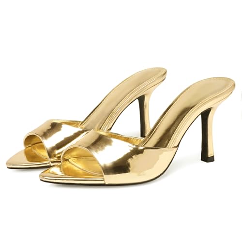 Image of Riekhany High Heel Mules for Women Slip On Open Pointed Toe Classy Patent Leather Stiletto Pumps Formal Slingback Mule Sandals Dress Walking Shoes