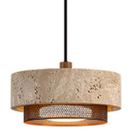 KEDXBHS Natural Travertine Cylinder Pendant Light Solid Wood Cap Double-Layer Stone & Metal...