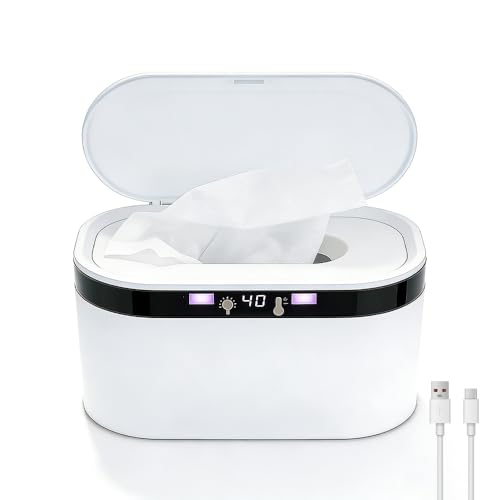 Weciau Baby Wipes Warmer 40-60 Adjustable Wet Wipe Warmer with Night Light and Temperature Display USB Powered Large Capacity Heated Wipes Dispenser for Babies Home Car Travel