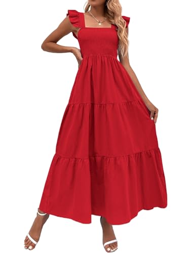 MakeMeChic Women's Summer Floral Dresses 2025 Beach Vacation Casual Blue and White Long Maxi Sundresses Solid Red S