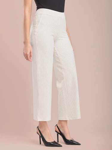 Image of FableStreet Women's Formal Trousers | High-Rise Striped Wide-Leg Design | Ankle-Length Flat Front with Patch Pockets | Elegant Office Wear for Business Meetings| Ivory