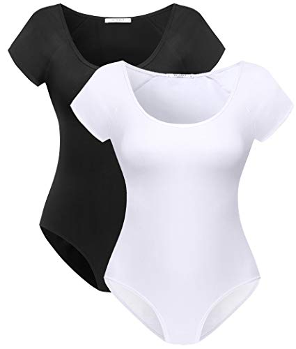 SUNRO 2 Pack Women's Sexy V Neck Bodysuits Jumpsuits (Black & White-2, Large)