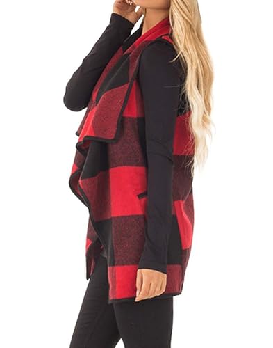 Mannice Womens Buffalo Plaid Sleeveless Cardigans Lapel Open Front Plaid Vest Jacket Coat with Pockets2