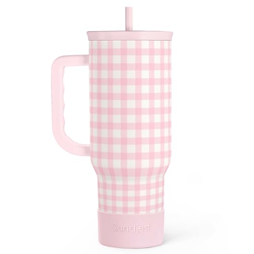 Image of SANDJEST Pink Gingham 40oz Slider Tumbler with Handle and Straw - Insulated Stainless Steel Travel Coffee Mug for Women Girls, Gift for Birthday, Christmas