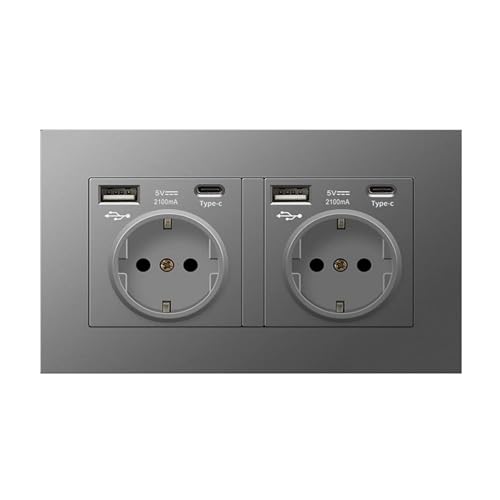 Enchufe Doble de Pared 250V 16A. Toma de Corriente Empotrada. Enchufe Múltiple con 2 Tomas, 2 USB-A, 2 USB-C 5V 2100mA de Carga Rápida. Enchufe Europeo Interior.