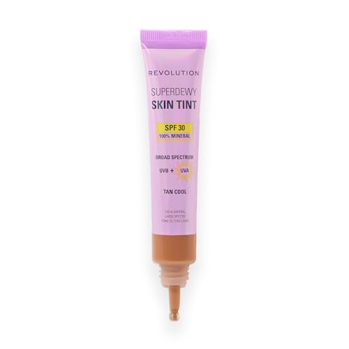 Image of Revolution Superdewy SPF 30 Skin Tint, Tan Cool | Tinted Mineral Face Foundation, Buildable Coverage for Facial Glow, 12% Zinc Oxide, Vegan & Cruelty-Free