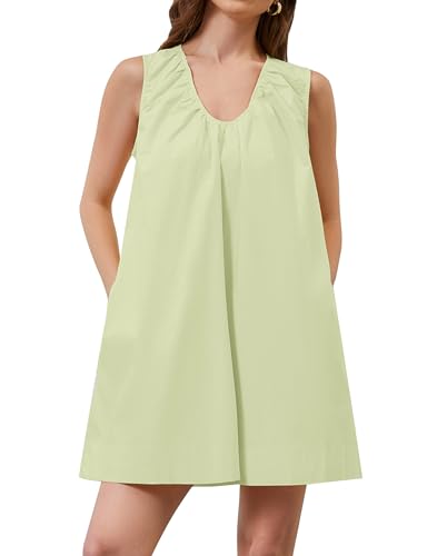 Image of OLAPTA Women Summer Sleeveless Babydoll Mini Tank Dresses Loose Fit Scoop Neck Ruched Short Dress with Pockets Party Clubwear