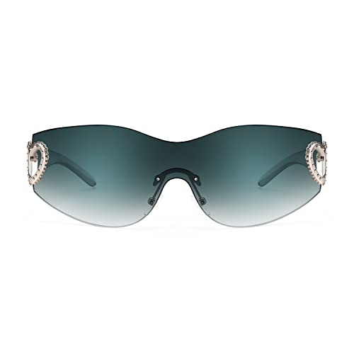 Image of FEISEDY Y2K Rimless Sunglasses Heart for Women Men Around Wrap Fashion Futuristic 2000s Trendy Shield B2981